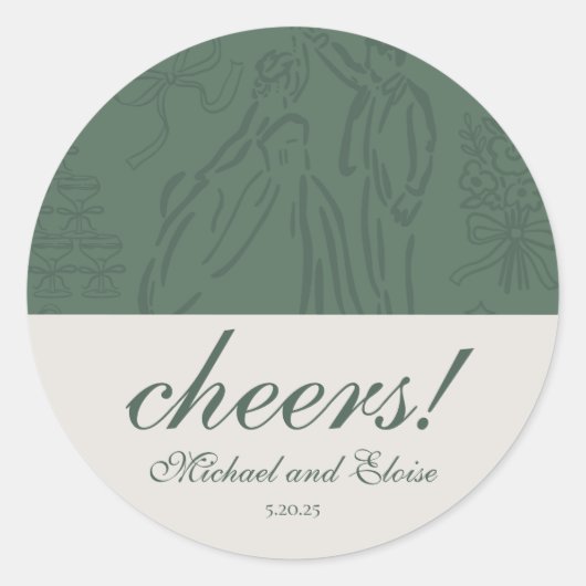 Sage Green juicht elegante gepersonaliseerde bruil Ronde Sticker (Voorkant)
