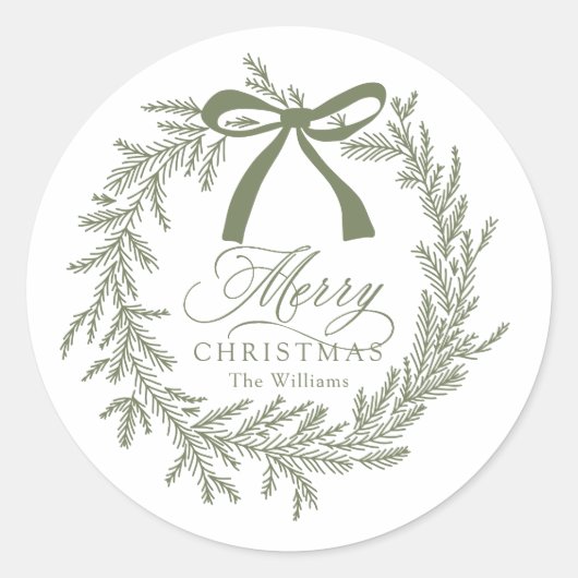 Sage Green Kerstkrans Vakantie Ronde Sticker (Voorkant)