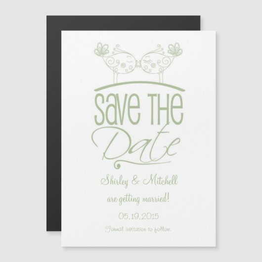 Sage Green Kissing Birds Magnetic Save the Date Magnetische Uitnodiging (Voorkant / Achterkant)