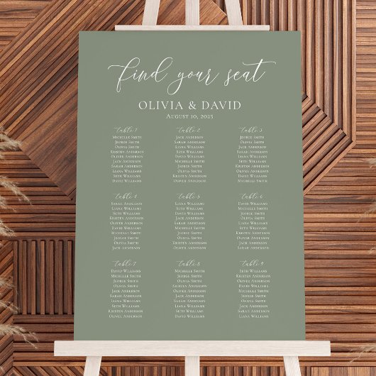 Sage Green Kleur 9 Tafels Welkom Zitplaatskaart Poster