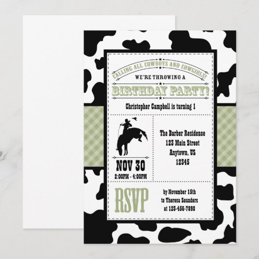 Sage Green Koeienhuid Cowboy Birthday Uitnodiging (Voorkant / Achterkant)