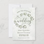 Sage Green laat elegante moderne scriptbruiloft ac Save The Date (Voorkant)