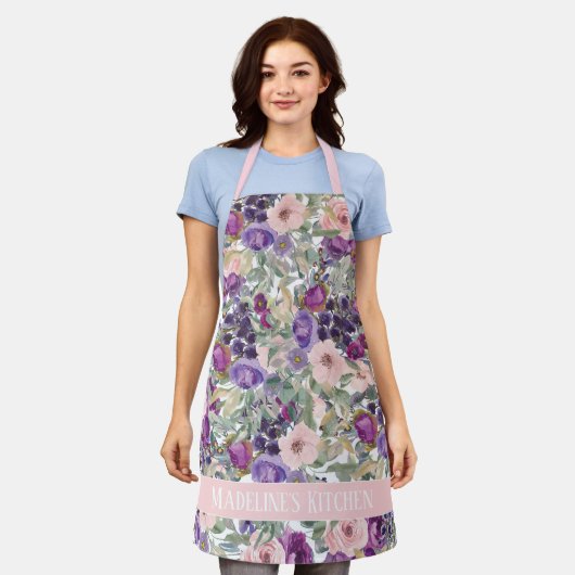 Sage Green laat Paarse roze bloemen keuken Schort (Gedragen)