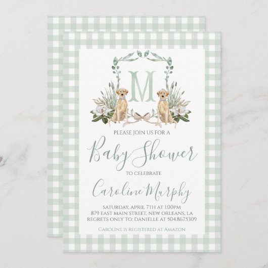 Sage Green Lab Baby shower Preppy Gingham Kaart (Voorkant / Achterkant)