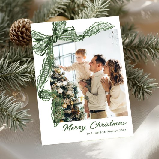 Sage Green Lace Christmas Bow Ribbon 2 Photo Feestdagenkaart