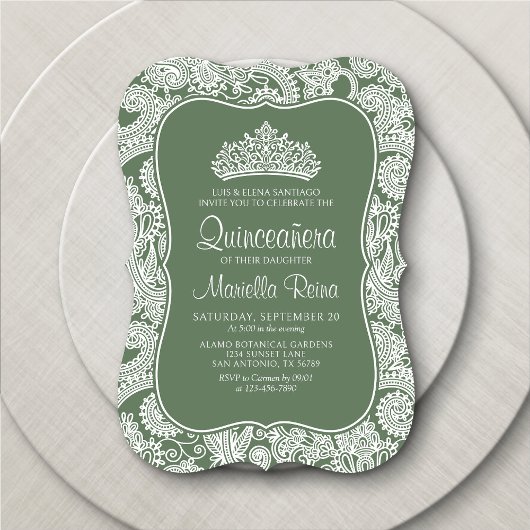 Sage Green Lace Quinceañera Kaart