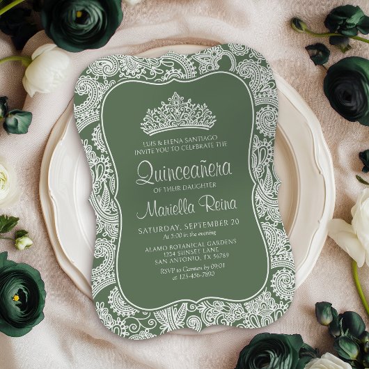 Sage Green Lace Quinceañera Kaart