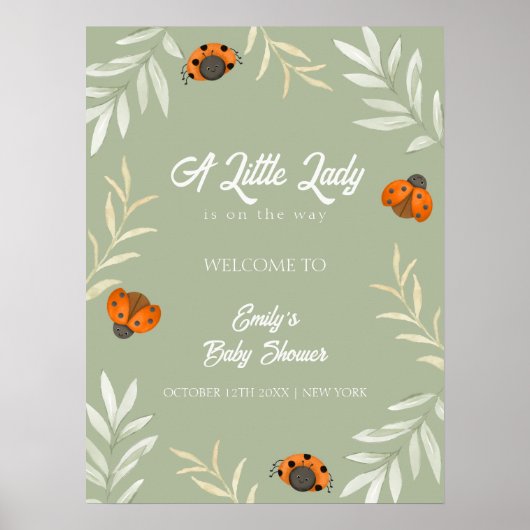 Sage Green Ladybug Greenery Baby shower Welkom Poster (Voorkant)