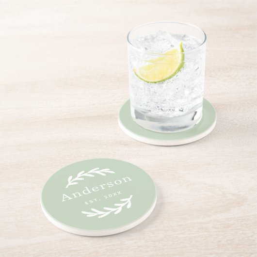 Sage Green Laurel Branch Wreatname Last Name Monog Zandsteen Onderzetter (Zijkant)