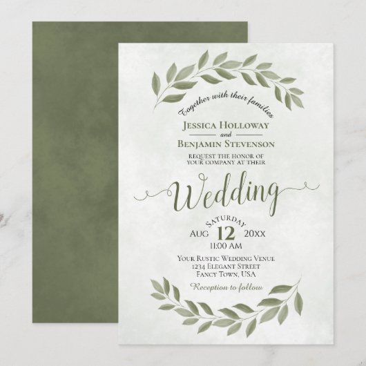 Sage Green Laurel laat eenvoudige Waterverf bruilo Kaart (Voorkant / Achterkant)