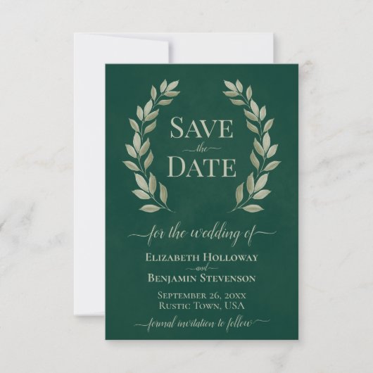 Sage Green Laurel Leaves Elegant Emerald Wedding Save The Date (Voorkant)