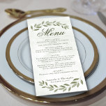 Sage Green Laurel Leaves Rustic Elegance Wedding Menu<br><div class="desc">Dit mooie trouwmenu bevat een stijlvol ontwerp met een gemarmerde achtergrond, een scriptkalligrafie-titel en tapijten van met de hand geverfde groene waterverf op de onderkant en bovenaan. De tekst is volledig aanpasbaar met ruimte voor de naam van het paar en de trouwdatum onderaan. Elegant, stijlvol en chic, deze kaart is...</div>