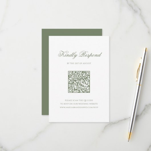 Sage Green Leaf Monogram Crest QR Code Huwelijk RSVP Kaartje (Voorkant / Achterkant in situ)