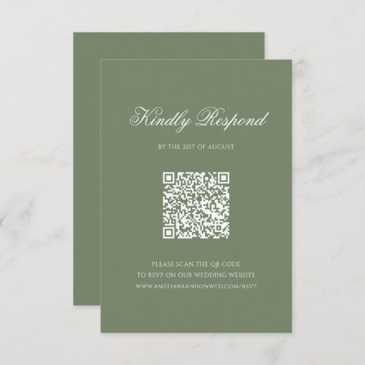Sage Green Leaf Monogram Crest QR Code Huwelijk RSVP Kaartje (Voorkant / Achterkant)