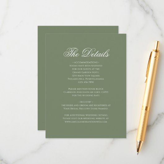 Sage Green Leaf Monogram Crest Wedding Details Informatiekaartje (Voorkant / Achterkant in situ)