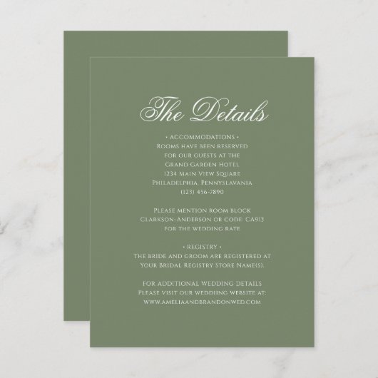 Sage Green Leaf Monogram Crest Wedding Details Informatiekaartje (Voorkant / Achterkant)
