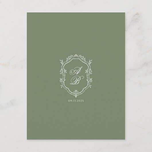 Sage Green Leaf Monogram Crest Wedding Details Informatiekaartje (Achterkant)