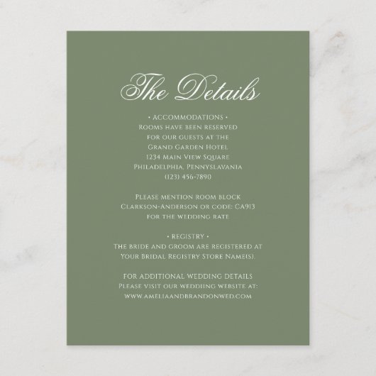 Sage Green Leaf Monogram Crest Wedding Details Informatiekaartje (Voorkant)