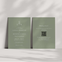 Sage Green Leaf Monogram QR Code Huwelijk Kaart