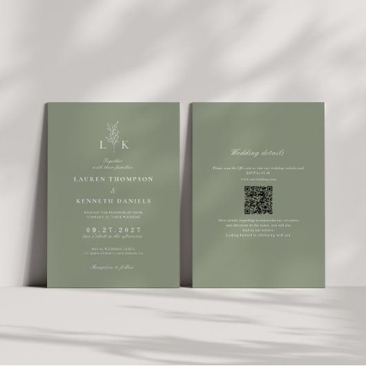 Sage Green Leaf Monogram QR Code Huwelijk Kaart
