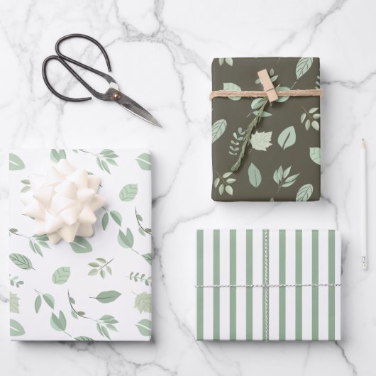 Sage Green Leaf Pattern | Stripesatroon Inpakpapier Vel (Voorkant)