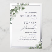 Sage Green Leaf & Silver Elegant Quinceanera Party Folie Uitnodiging (Voorkant)