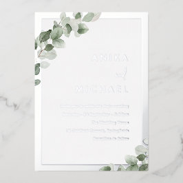 Sage Green Leaf & Silver Elegant Wedding Folie Uitnodiging
