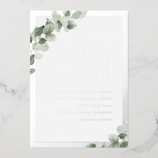 Sage Green Leaf & Silver Elegant Wedding Folie Uitnodiging (Voorkant)