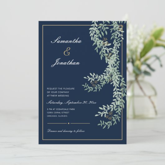 Sage Green Leaf Vines | Marineblauwe bruiloft Kaart (Staand voorkant)