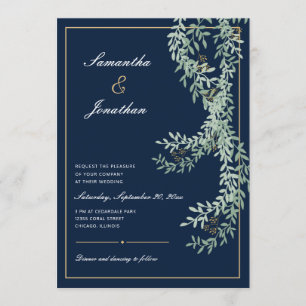 Sage Green Leaf Vines Marineblauwe bruiloft Kaart