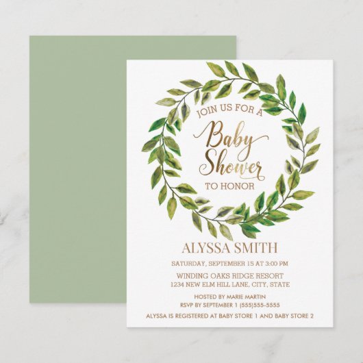 Sage Green Leaf Wreated White Gold Baby shower Kaart (Voorkant / Achterkant)