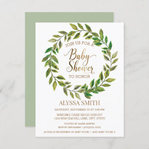 Sage Green Leaf Wreated White Gold Baby shower Kaart