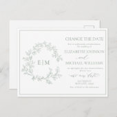 Sage Green Leafy Crest Monogram Datum wijzigen Uitnodiging Briefkaart (Voorkant / Achterkant)