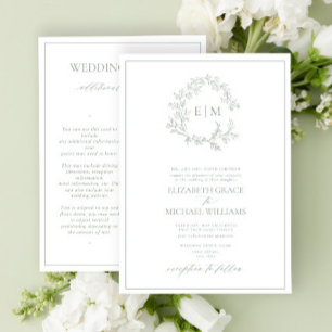 Sage Green Leafy Crest Monogram Details Huwelijk Kaart