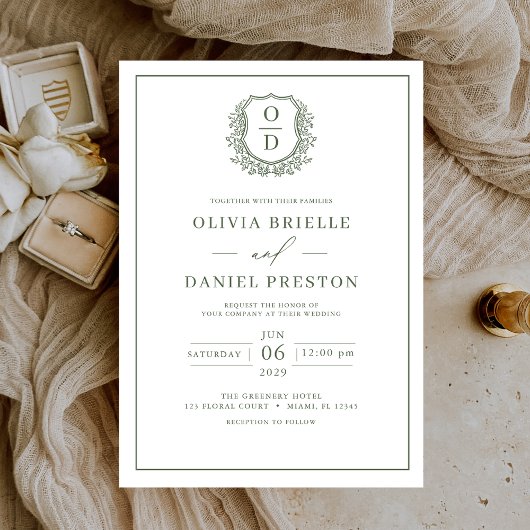 Sage Green Leafy Crest Monogram Elegante bruiloft Kaart