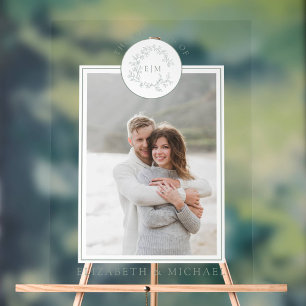 Sage Green Leafy Crest Monogram Foto Weddenschap Acryl Bord
