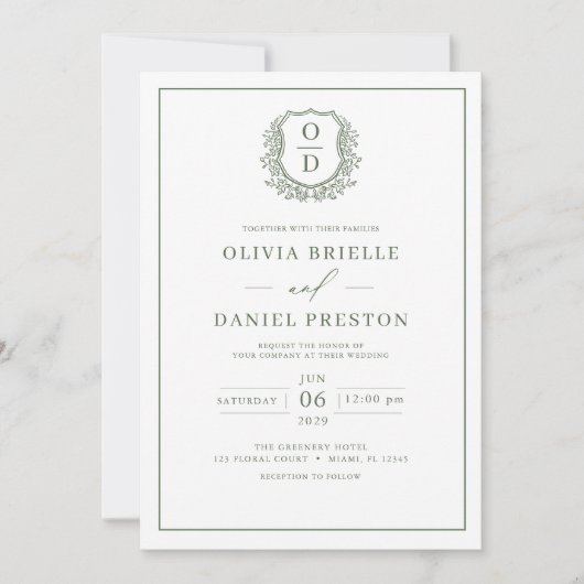 Sage Green Leafy Crest Monogram Foto Weddenschap Kaart (Voorkant)