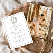 Sage Green Leafy Crest Monogram Foto Weddenschap Kaart