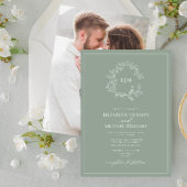 Sage Green Leafy Crest Monogram Foto Weddenschap Kaart