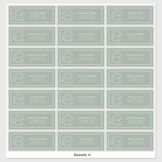 Sage Green Leafy Crest Monogram Guest Address Sticker (Vel)