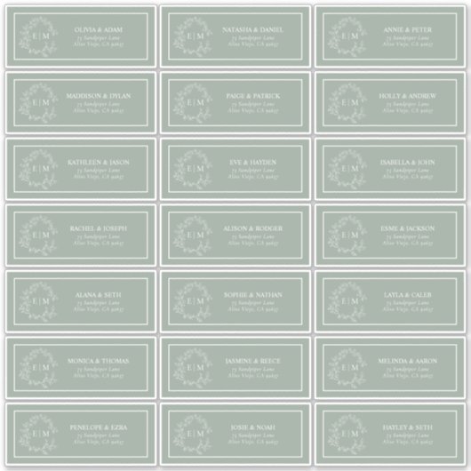 Sage Green Leafy Crest Monogram Guest Address Sticker (Voorkant)