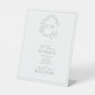 Sage Green Leafy Crest Monogram Let Love Sparkle Reclamebord Met Voetstuk