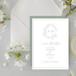 Sage Green Leafy Crest Monogram Save the Date Kaart