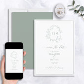 Sage Green Leafy Crest Monogram Save the Date Kaart