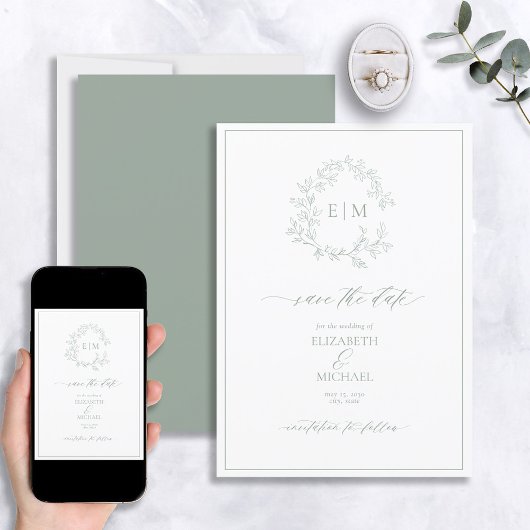 Sage Green Leafy Crest Monogram Save the Date Kaart