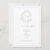 Sage Green Leafy Crest Monogram Save the Date Kaart (Voorkant)