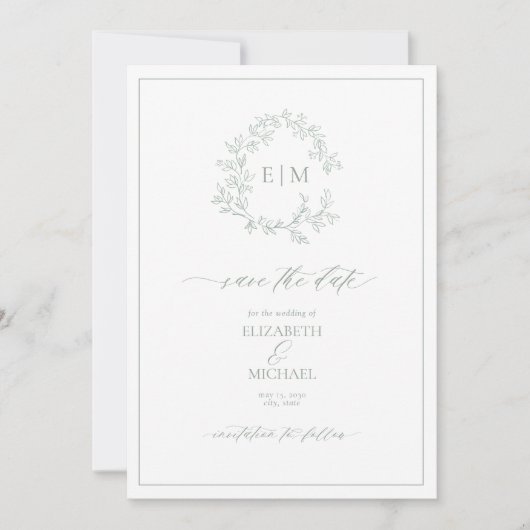 Sage Green Leafy Crest Monogram Save the Date Kaart (Voorkant)