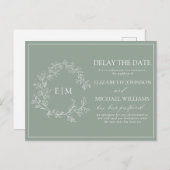 Sage Green Leafy Crest Monogram Vertraging Datum I Uitnodiging Briefkaart (Voorkant / Achterkant)