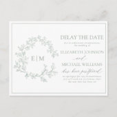 Sage Green Leafy Crest Monogram Vertraging Datum Uitnodiging Briefkaart (Voorkant)