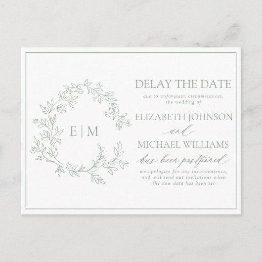 Sage Green Leafy Crest Monogram Vertraging Datum Uitnodiging Briefkaart (Voorkant)